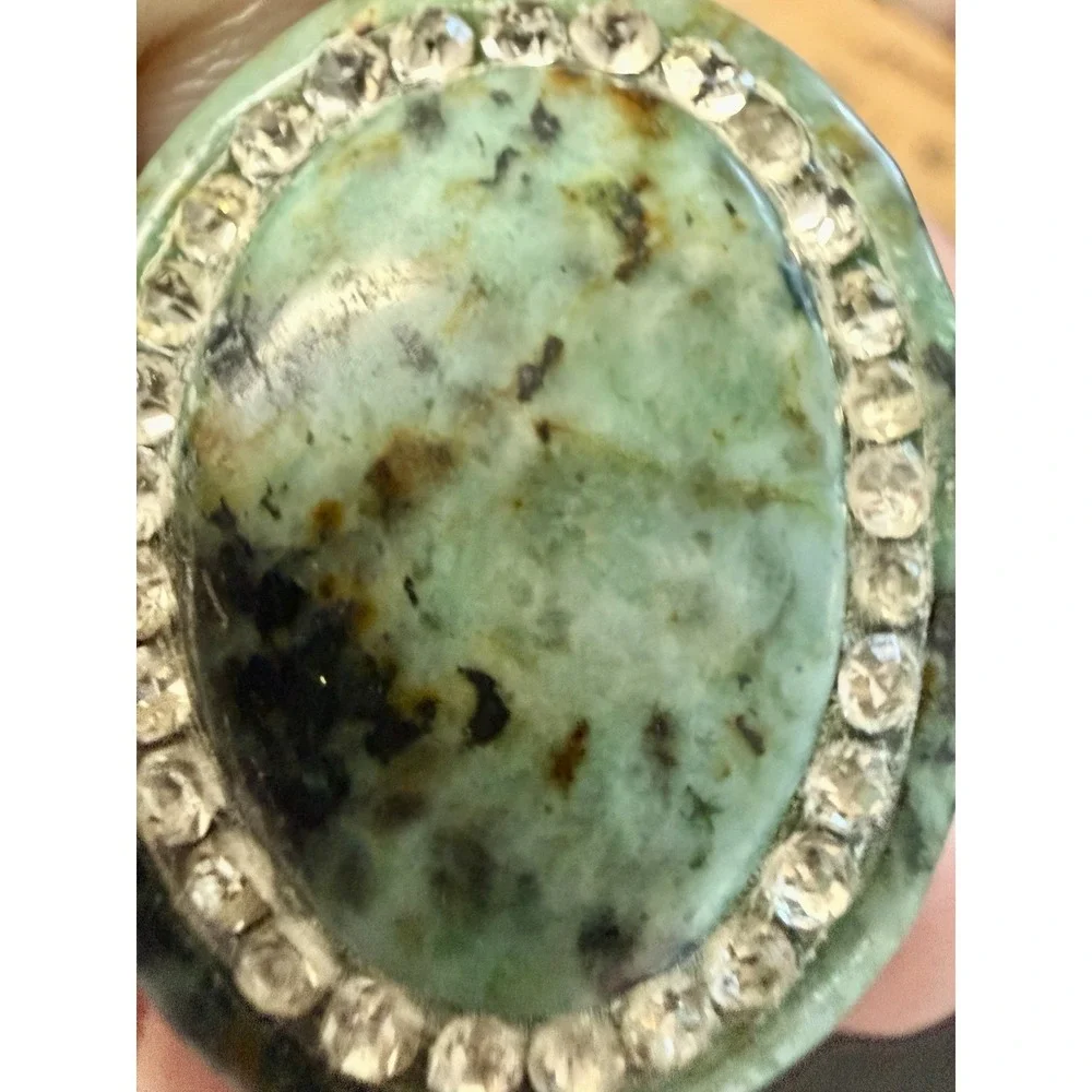 Vintage Natural Variscite Rhinestone Halo Statement Ring Size 6.5